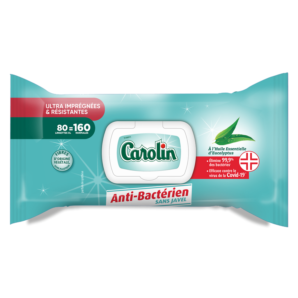 Carolin Lingettes Multi-Surfaces Antibactériennes Sans Javel Eucalyptus 80 Lingettes