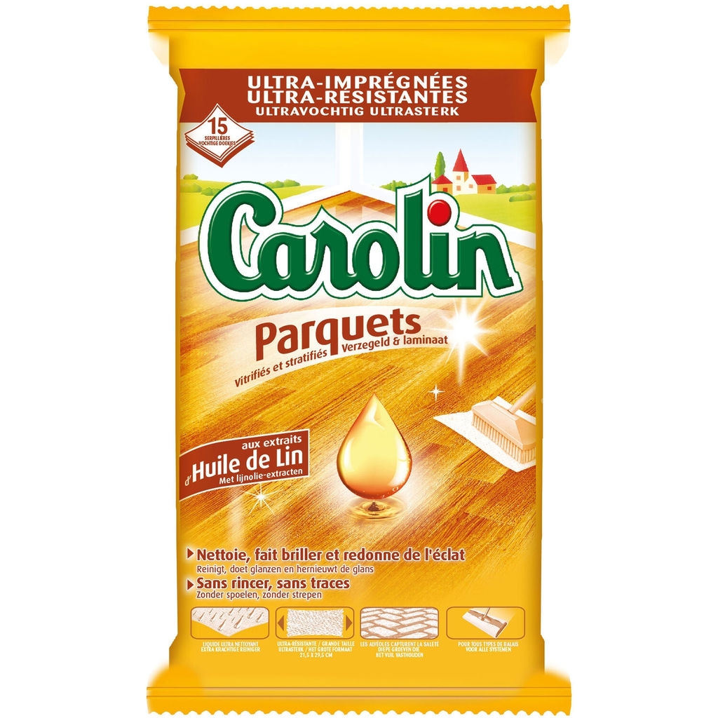 Carolin Lingettes Parquets Aux Extraits D'Huile De Lin 15 Lingettes
